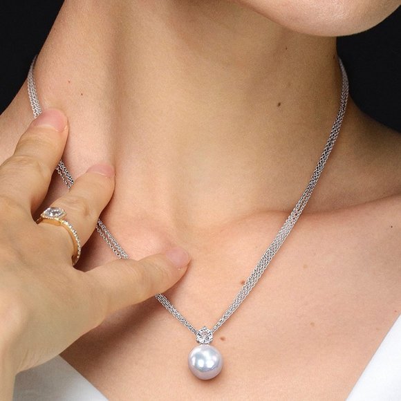 New Gorgeous 925 Silver Cultured Pearl White Topaz Mesh-Chain Pendant Necklace - Picture 3 of 5